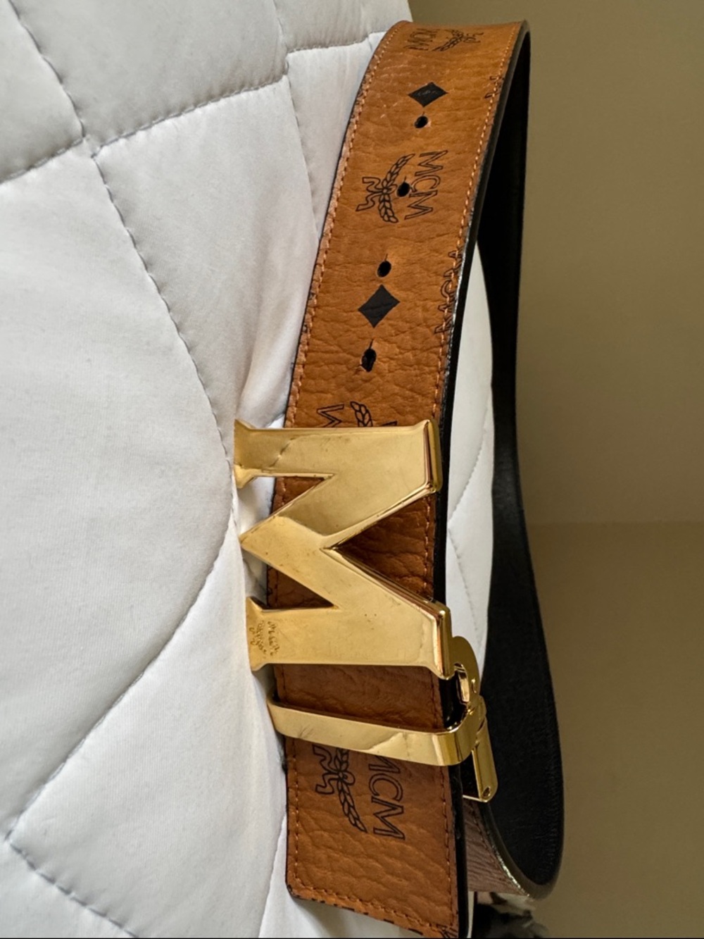 MCM Reversible Cognac Logo Leather Belt with Gold M Buckle
